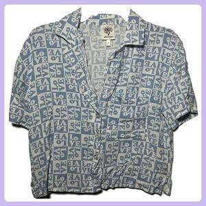 Blue and White Love Checkered Pattern Button-Up